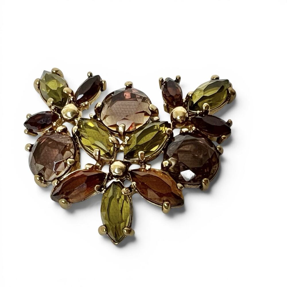 Vintage Monet Rhinestone Brooch Faceted Marquise Brown Green Floral Retro Glam
